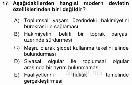 Siyaset Sosyolojisi 2015 - 2016 Ara Sınavı 17.Soru