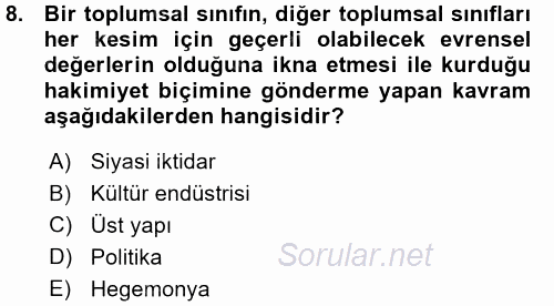 Siyaset Sosyolojisi 2015 - 2016 Ara Sınavı 8.Soru