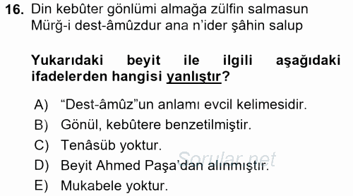 Eski Türk Edebiyatına Giriş: Söz Sanatları 2017 - 2018 Ara Sınavı 16.Soru