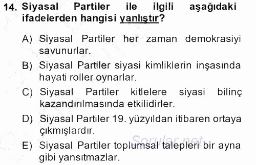 Siyaset Bilimi 2014 - 2015 Dönem Sonu Sınavı 14.Soru