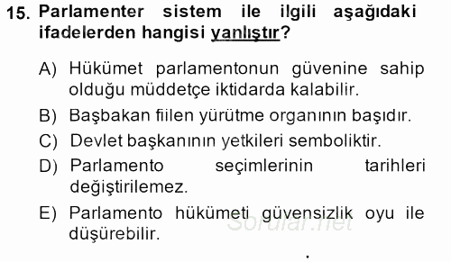 Siyaset Bilimi 2014 - 2015 Dönem Sonu Sınavı 15.Soru