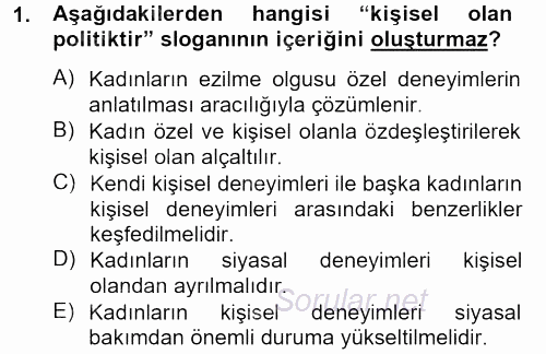 Toplumsal Cinsiyet Çalışmaları 2012 - 2013 Dönem Sonu Sınavı 1.Soru