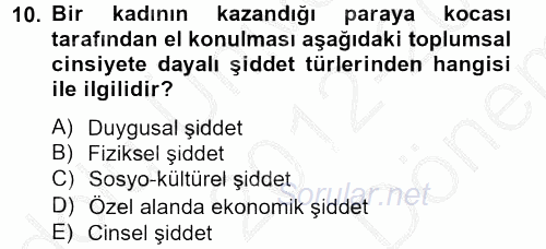 Toplumsal Cinsiyet Çalışmaları 2012 - 2013 Dönem Sonu Sınavı 10.Soru