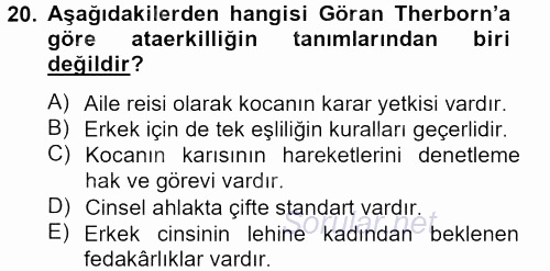 Toplumsal Cinsiyet Çalışmaları 2012 - 2013 Dönem Sonu Sınavı 20.Soru