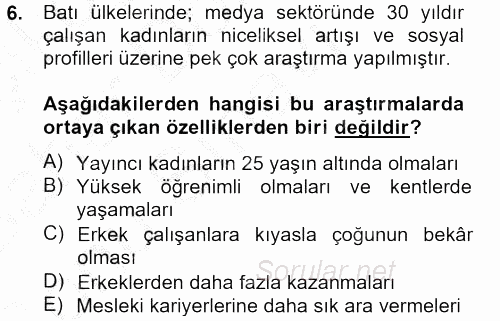 Toplumsal Cinsiyet Çalışmaları 2012 - 2013 Dönem Sonu Sınavı 6.Soru