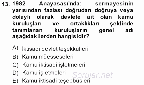 Kamu Özel Kesim Yapısı Ve İlişkileri 2014 - 2015 Tek Ders Sınavı 13.Soru