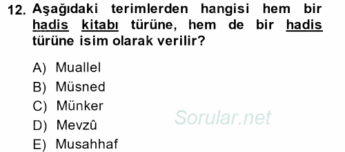 Hadis Tarihi ve Usulü 2014 - 2015 Ara Sınavı 12.Soru