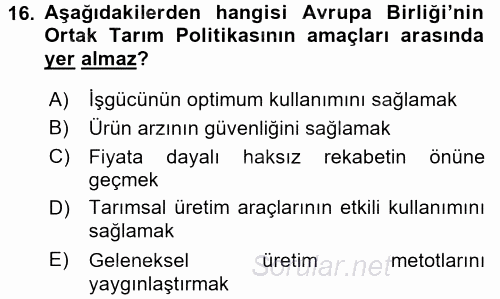 Türkiye Ekonomisi 2017 - 2018 Ara Sınavı 16.Soru