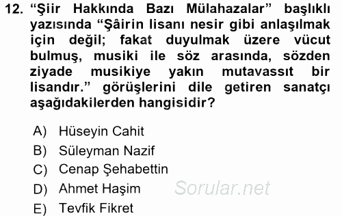 II. Abdülhamit Dönemi Türk Edebiyatı 2015 - 2016 Tek Ders Sınavı 12.Soru