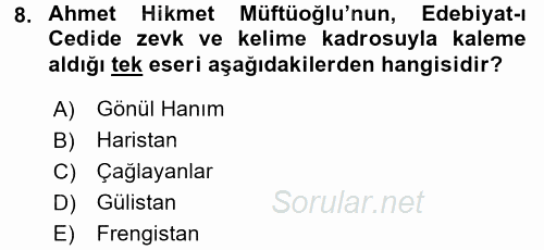 II. Abdülhamit Dönemi Türk Edebiyatı 2015 - 2016 Tek Ders Sınavı 8.Soru