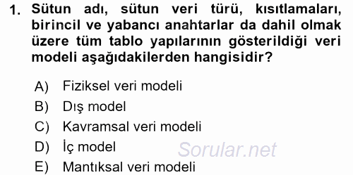 Veritabanı Sistemleri 2017 - 2018 Dönem Sonu Sınavı 1.Soru