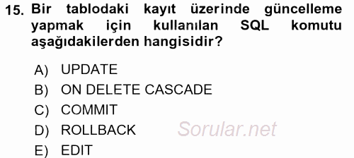 Veritabanı Sistemleri 2017 - 2018 Dönem Sonu Sınavı 15.Soru