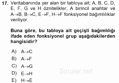 Veritabanı Sistemleri 2017 - 2018 Dönem Sonu Sınavı 17.Soru