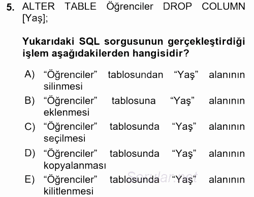 Veritabanı Sistemleri 2017 - 2018 Dönem Sonu Sınavı 5.Soru