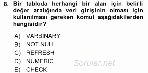 Veritabanı Sistemleri 2017 - 2018 Dönem Sonu Sınavı 8.Soru