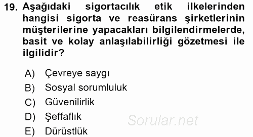 Sağlık Sigortacılığı 2017 - 2018 3 Ders Sınavı 19.Soru