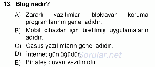 Temel Bilgi Teknolojileri 1 2012 - 2013 Dönem Sonu Sınavı 13.Soru