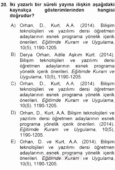 Bilimsel Araştırma Yöntemleri 2015 - 2016 Dönem Sonu Sınavı 20.Soru