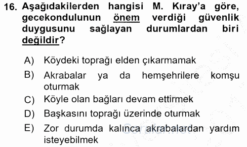 Kent Sosyolojisi 2016 - 2017 3 Ders Sınavı 16.Soru
