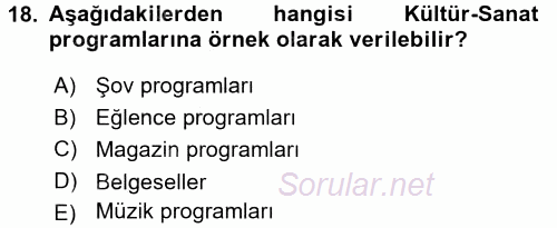 Radyo ve Televizyon Programcılığının Temel Kavramları 2017 - 2018 Ara Sınavı 18.Soru