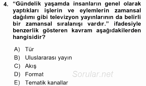 Radyo ve Televizyon Programcılığının Temel Kavramları 2017 - 2018 Ara Sınavı 4.Soru