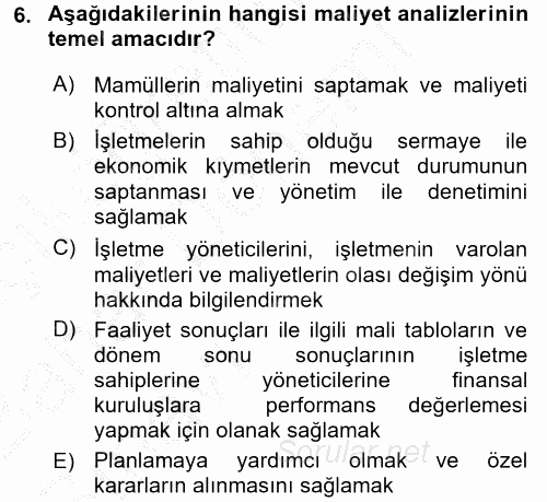 Maliyet Analizleri 2016 - 2017 Ara Sınavı 6.Soru