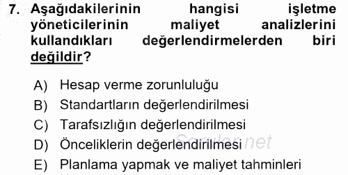 Maliyet Analizleri 2016 - 2017 Ara Sınavı 7.Soru