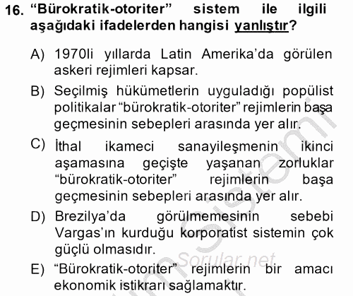 Gelişmekte Olan Ülkelerde Siyaset 2014 - 2015 Dönem Sonu Sınavı 16.Soru