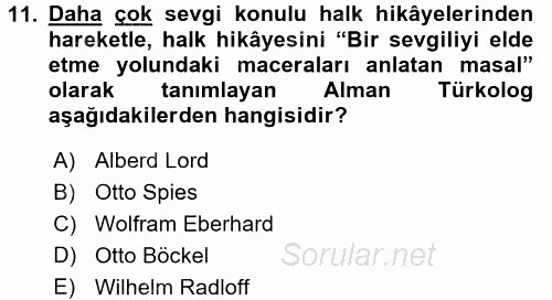 Halk Hikayeleri 2017 - 2018 Ara Sınavı 11.Soru