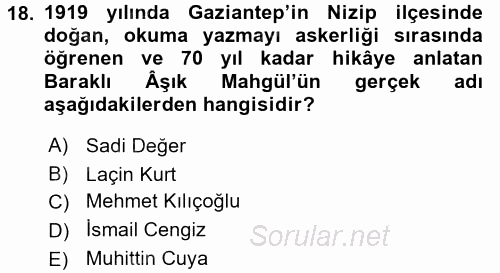 Halk Hikayeleri 2017 - 2018 Ara Sınavı 18.Soru