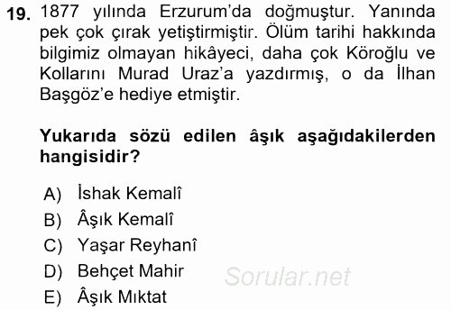 Halk Hikayeleri 2017 - 2018 Ara Sınavı 19.Soru