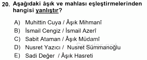 Halk Hikayeleri 2017 - 2018 Ara Sınavı 20.Soru