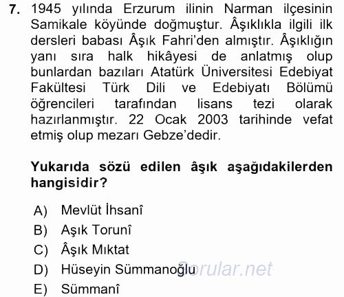 Halk Hikayeleri 2017 - 2018 Ara Sınavı 7.Soru