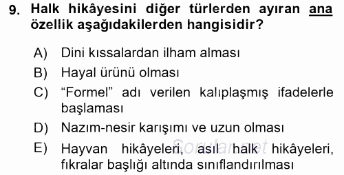 Halk Hikayeleri 2017 - 2018 Ara Sınavı 9.Soru