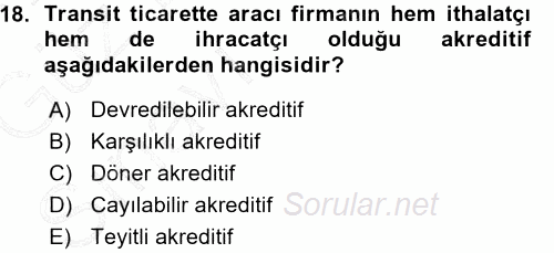 Dış Ticaret İşlemleri 2015 - 2016 Ara Sınavı 18.Soru