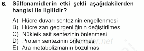 Temel Veteriner Farmakoloji ve Toksikoloji 2012 - 2013 Dönem Sonu Sınavı 6.Soru