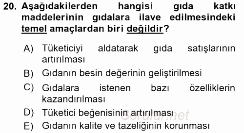 Gıda Güvenliğinin Temel Prensipleri 2017 - 2018 Dönem Sonu Sınavı 20.Soru