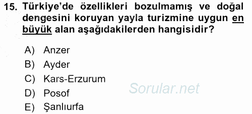Ekoloji ve Turizm 2015 - 2016 Dönem Sonu Sınavı 15.Soru