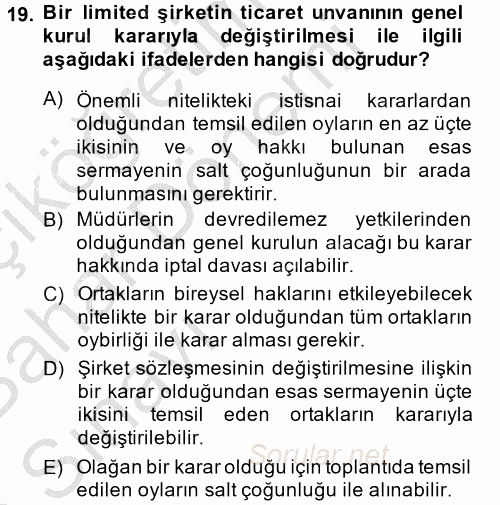 Ticaret Hukuku 2014 - 2015 Ara Sınavı 19.Soru