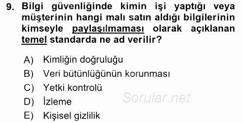 İş Hayatında Standartlar 2016 - 2017 Dönem Sonu Sınavı 9.Soru
