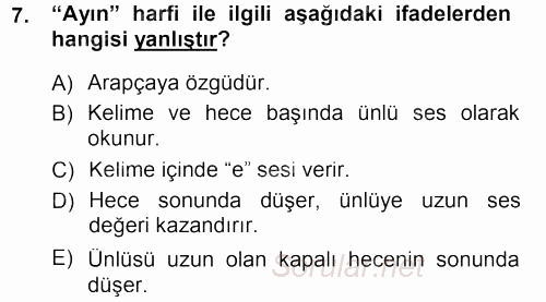 Osmanlı Türkçesi 1 2012 - 2013 Dönem Sonu Sınavı 7.Soru