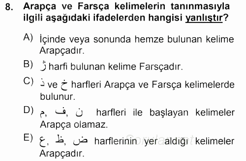 Osmanlı Türkçesi 1 2012 - 2013 Dönem Sonu Sınavı 8.Soru