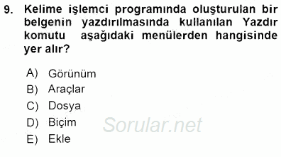 Bilgisayar 1 2015 - 2016 Ara Sınavı 9.Soru