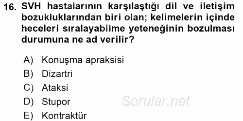 Yaşlılarda Görülebilecek Sorunlar Ve Bakım Hizmetleri 2016 - 2017 3 Ders Sınavı 16.Soru