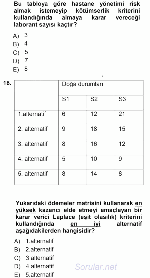 Sağlık Kurumlarında Operasyon Yönetimi 2012 - 2013 Ara Sınavı 18.Soru