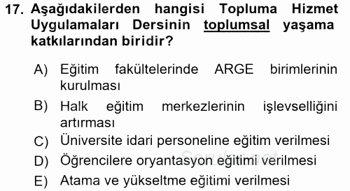 Topluma Hizmet Eğitimi 2015 - 2016 Dönem Sonu Sınavı 17.Soru