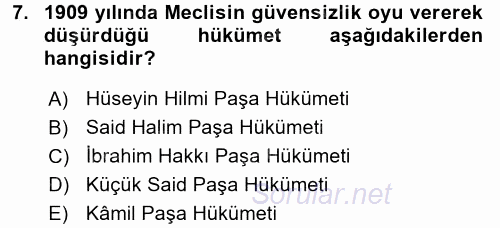 Osmanlı Devleti Yenileşme Hareketleri (1876-1918) 2016 - 2017 Ara Sınavı 7.Soru