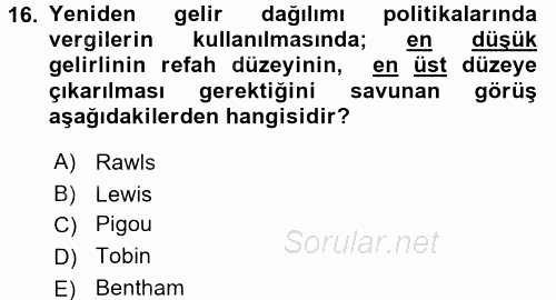 Maliye Politikası 2017 - 2018 3 Ders Sınavı 16.Soru