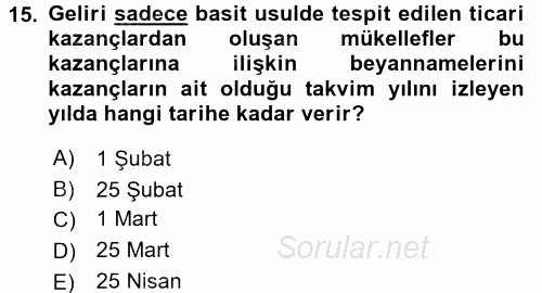 Vergi Uygulamaları 2017 - 2018 Ara Sınavı 15.Soru