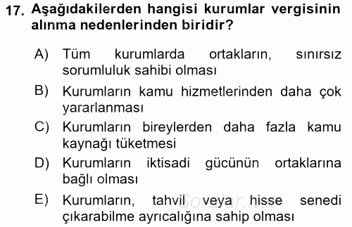 Vergi Uygulamaları 2017 - 2018 Ara Sınavı 17.Soru